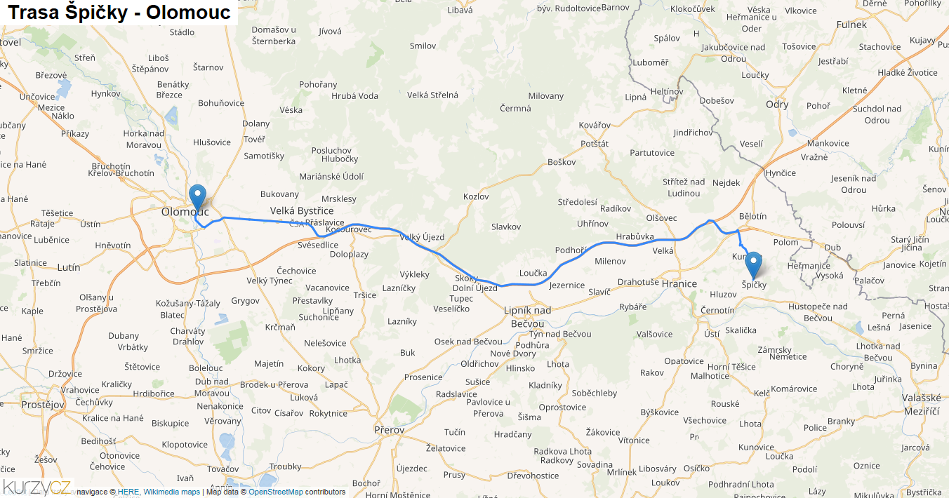 Špičky-Olomouc, mapa trasy