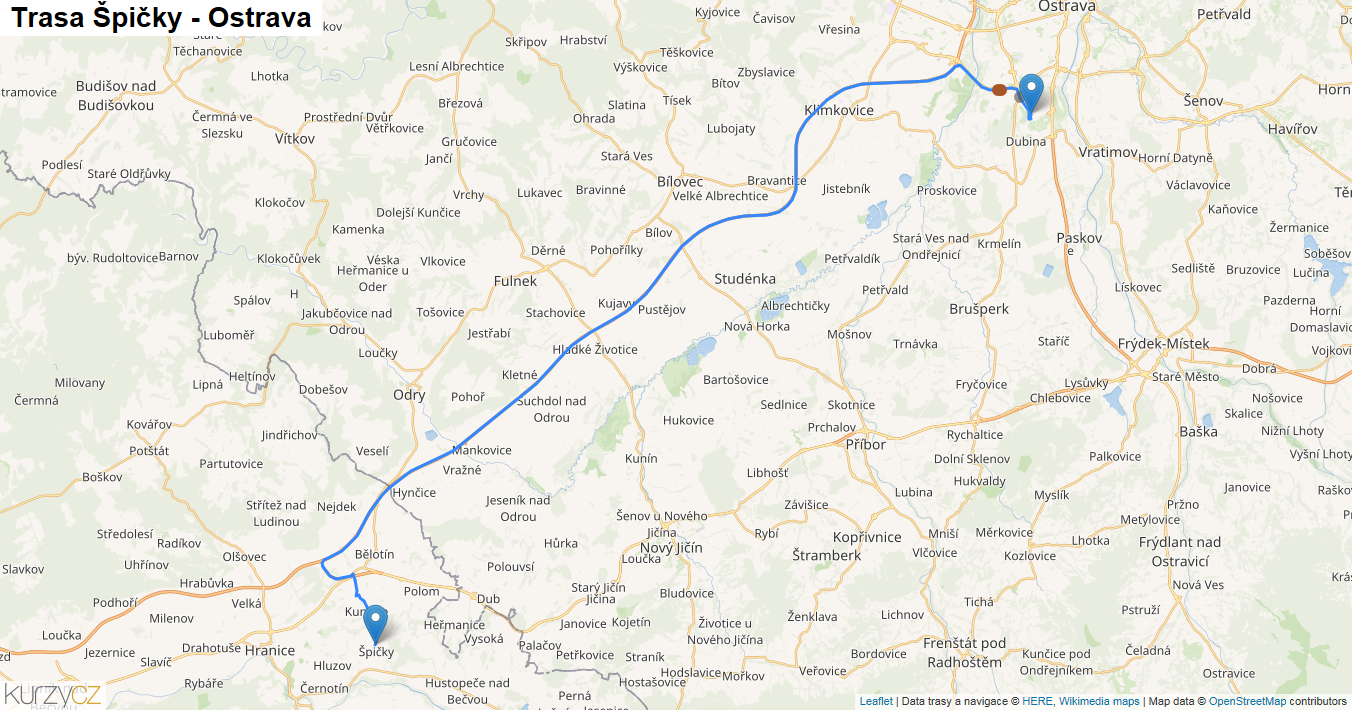 Špičky-Ostrava, mapa trasy