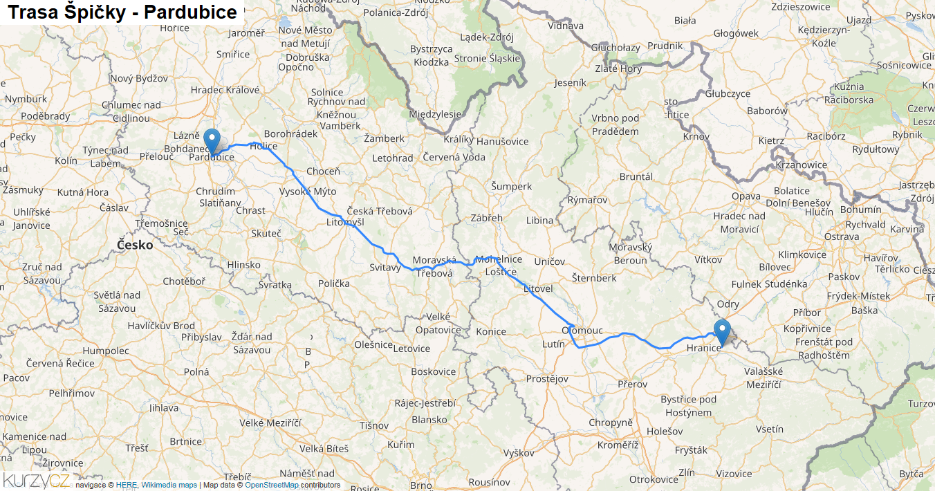 Špičky-Pardubice, mapa trasy