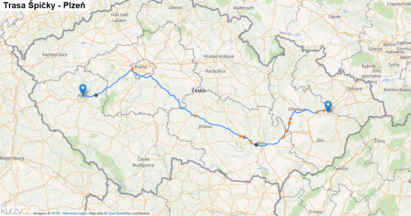 Špičky-Plzeň, mapa trasy