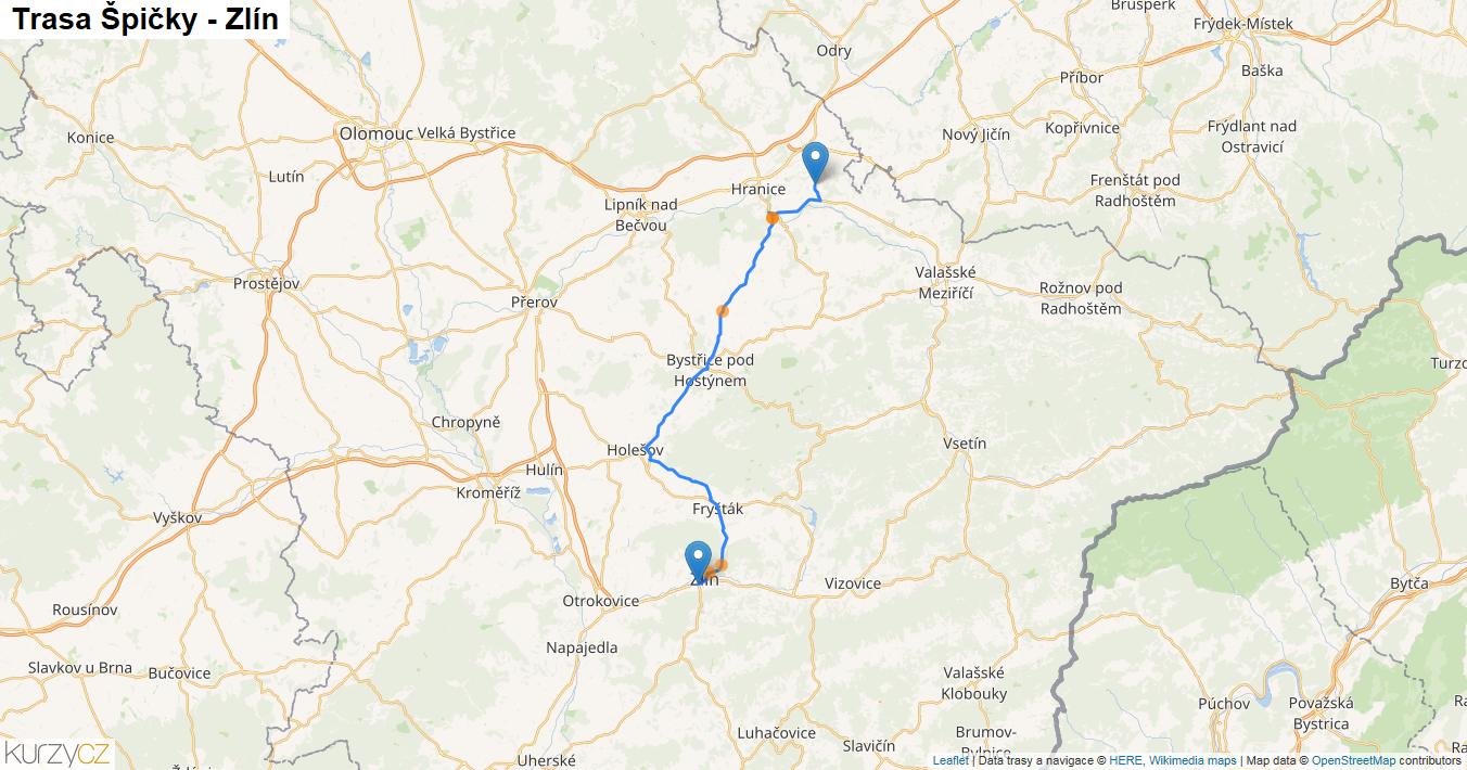 Špičky-Zlín, mapa trasy