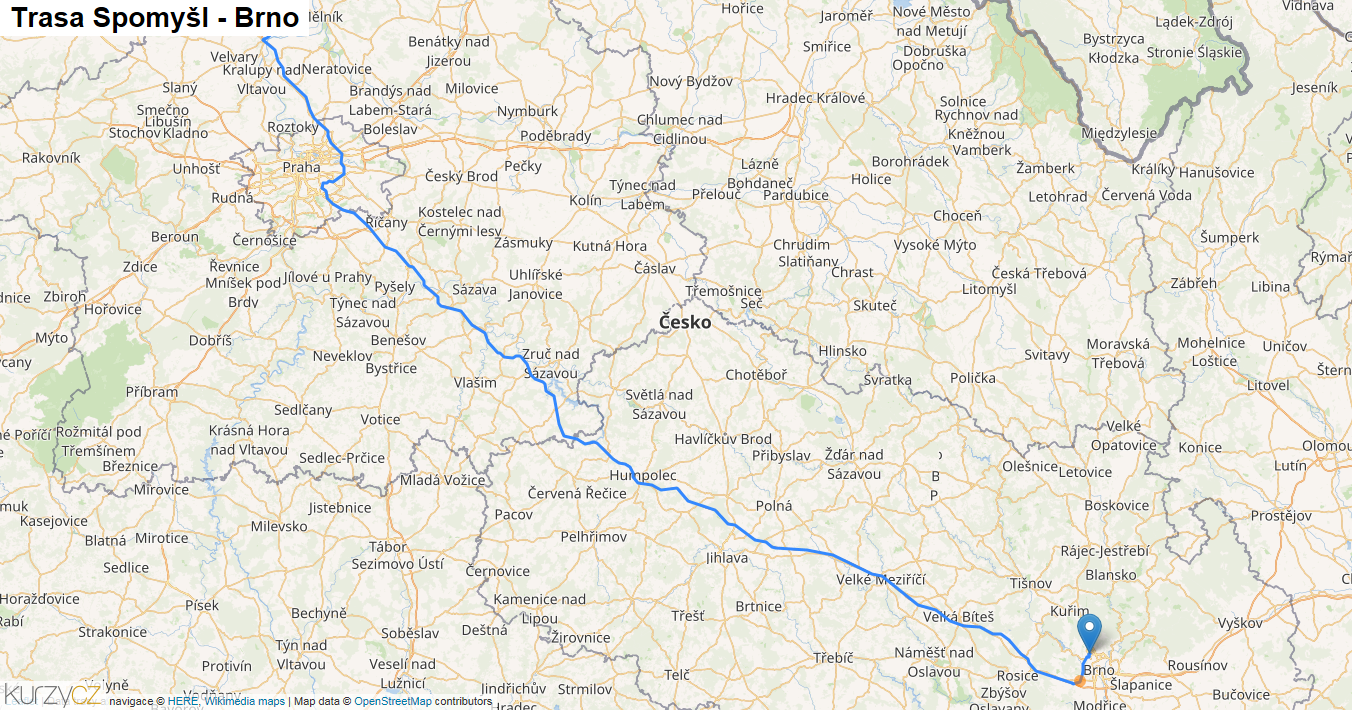 Spomyšl-Brno, mapa trasy