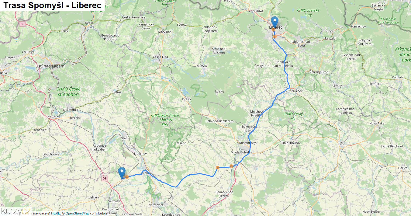 Spomyšl-Liberec, mapa trasy