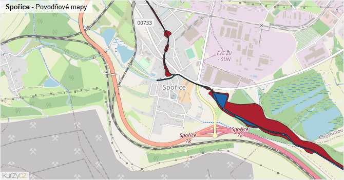 Spořice - záplavové mapy stoleté vody