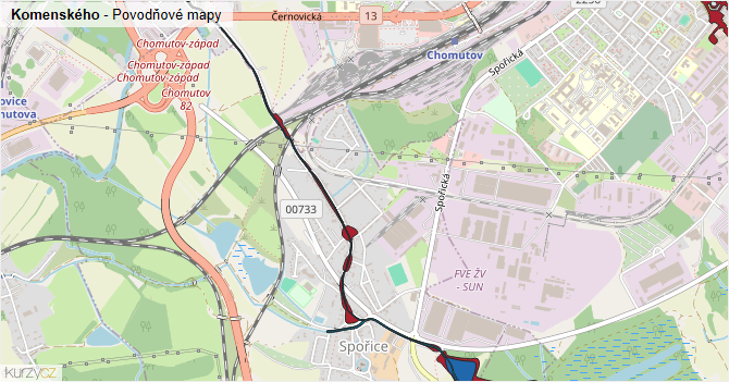 Komenského - záplavové mapy stoleté vody