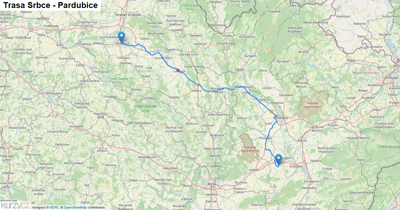 Srbce-Pardubice, mapa trasy