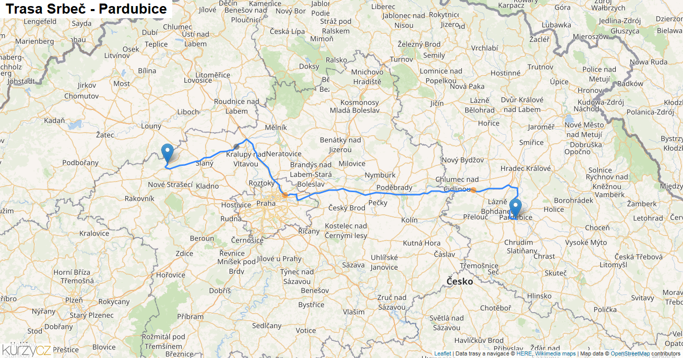 Srbeč-Pardubice, mapa trasy