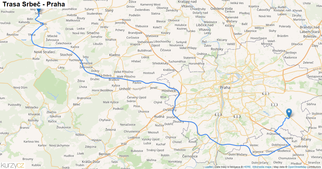Srbeč-Praha, mapa trasy
