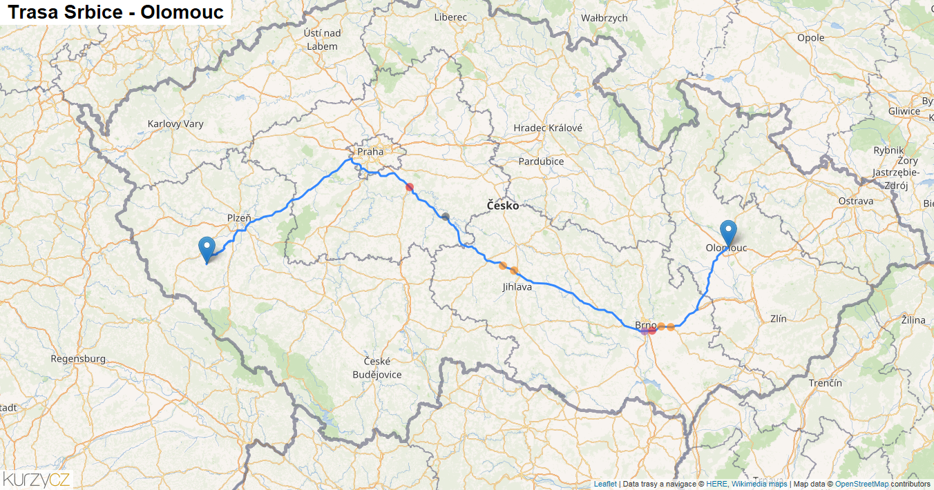 Srbice-Olomouc, mapa trasy