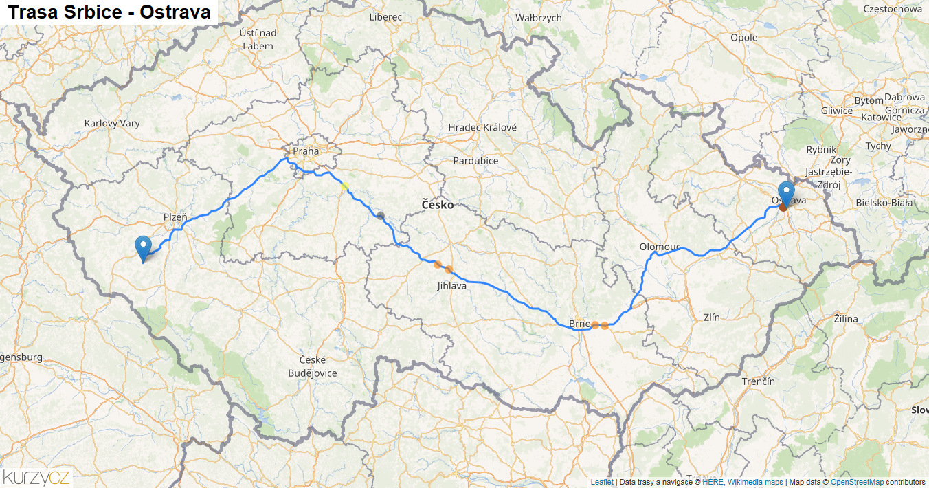 Srbice-Ostrava, mapa trasy