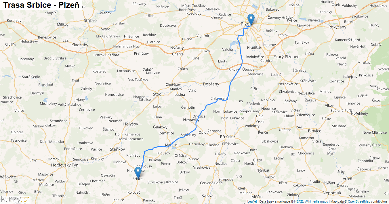 Srbice-Plzeň, mapa trasy