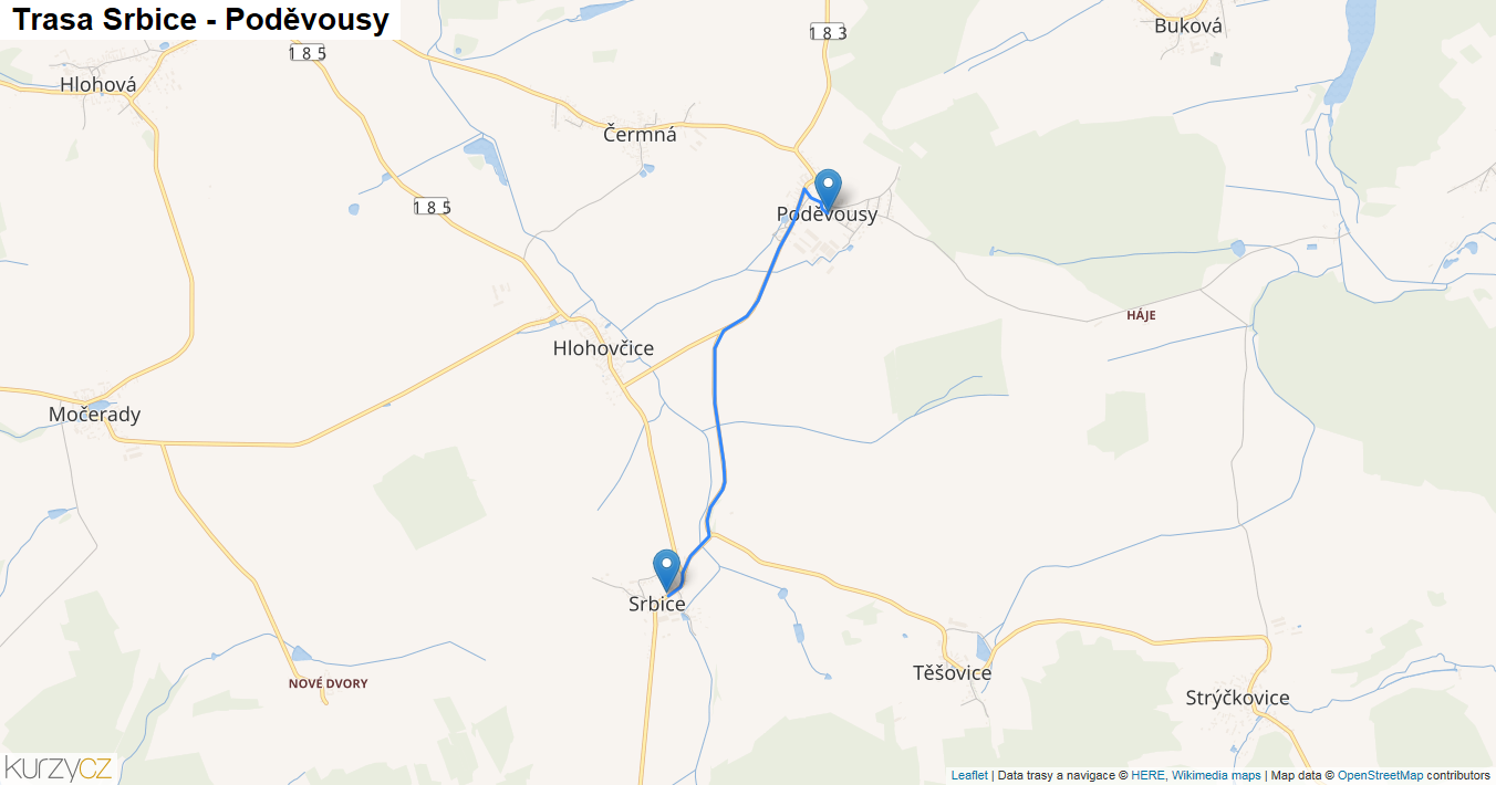 Srbice-Poděvousy, mapa trasy