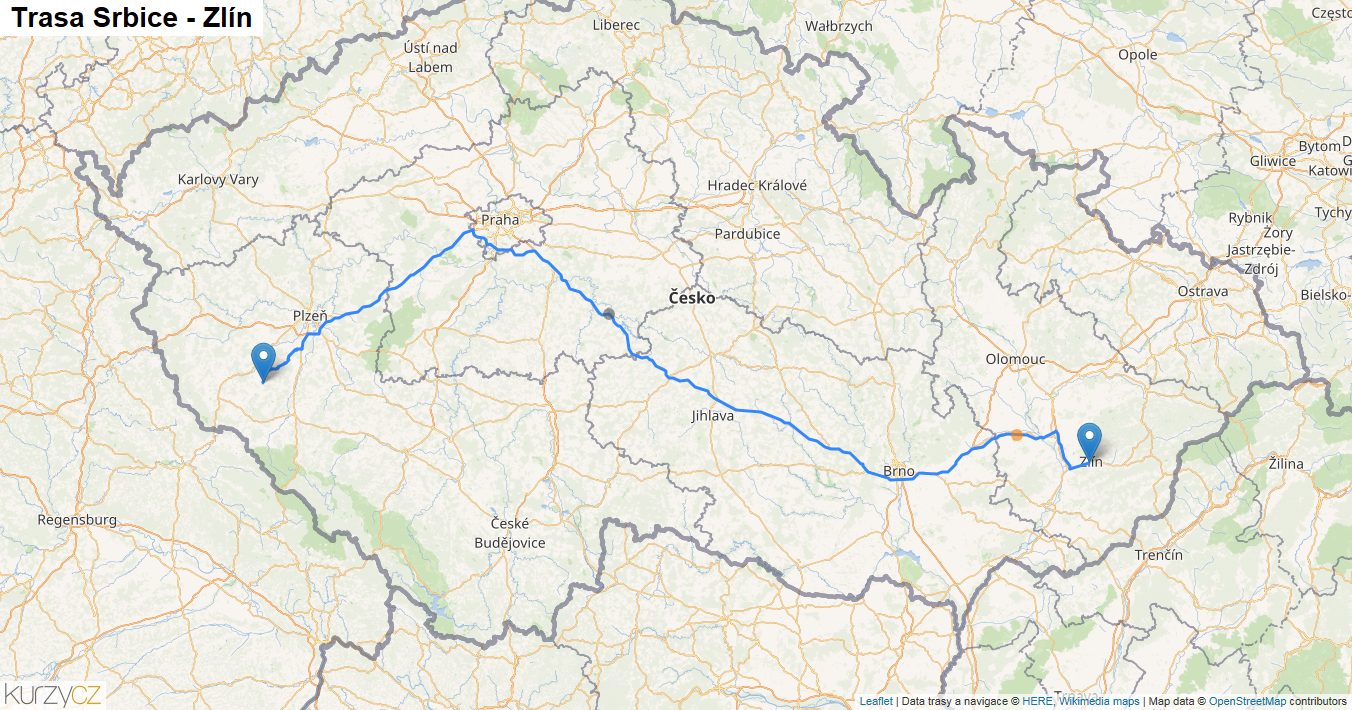 Srbice-Zlín, mapa trasy