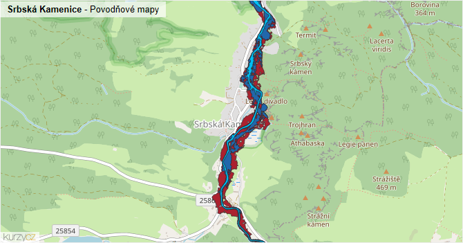 Srbská Kamenice - záplavové mapy stoleté vody