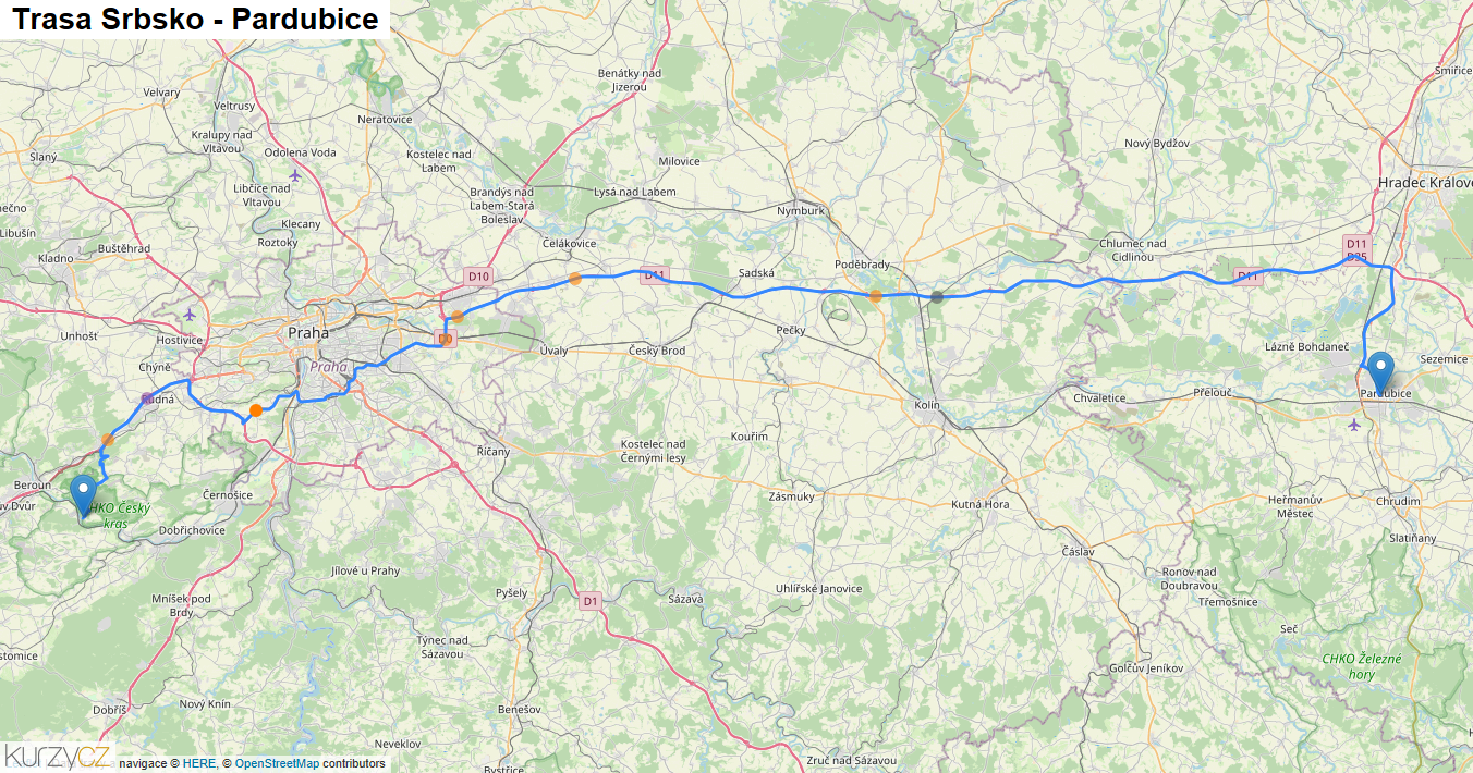 Srbsko-Pardubice, mapa trasy