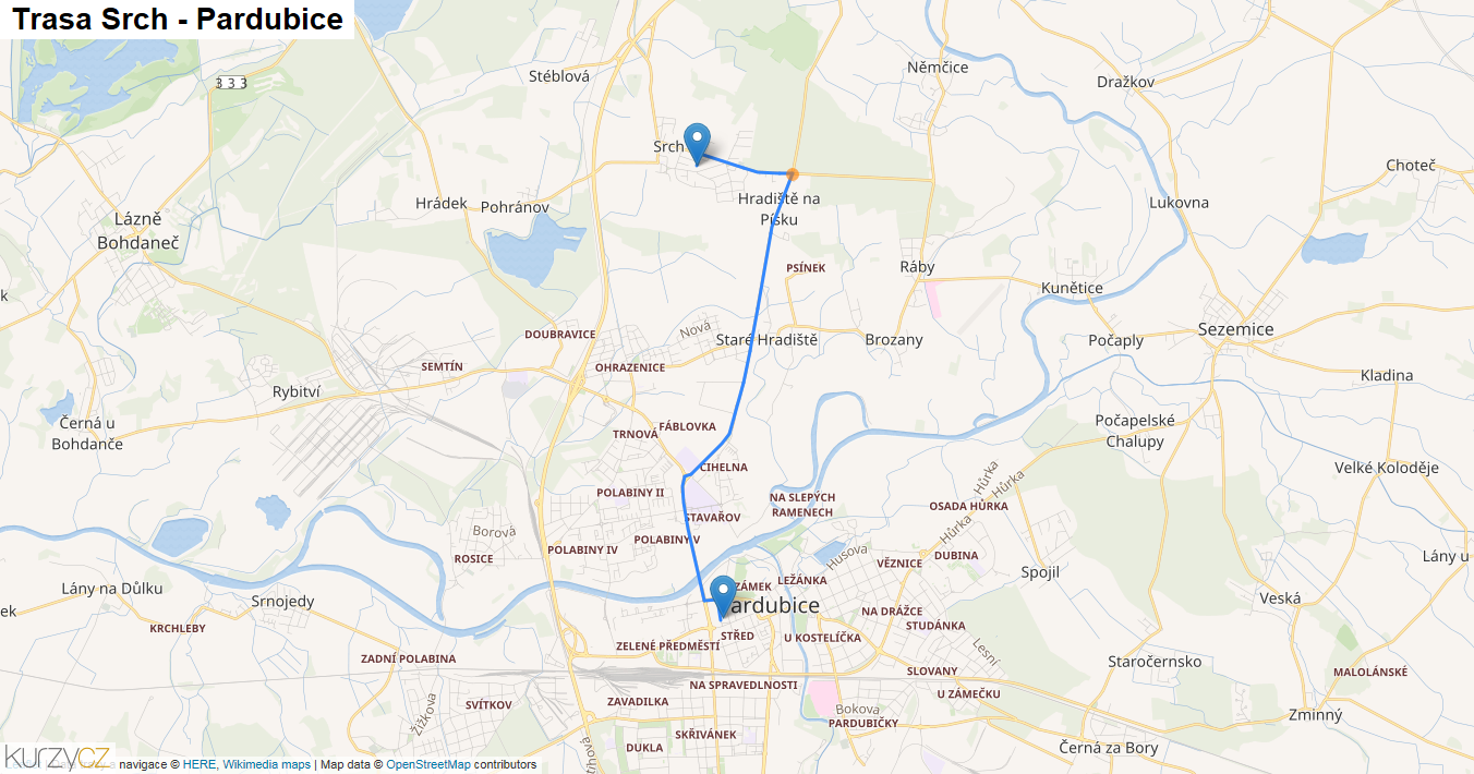 Srch-Pardubice, mapa trasy