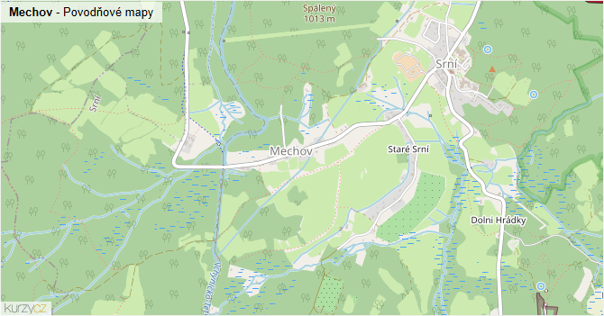 Mechov - záplavové mapy stoleté vody