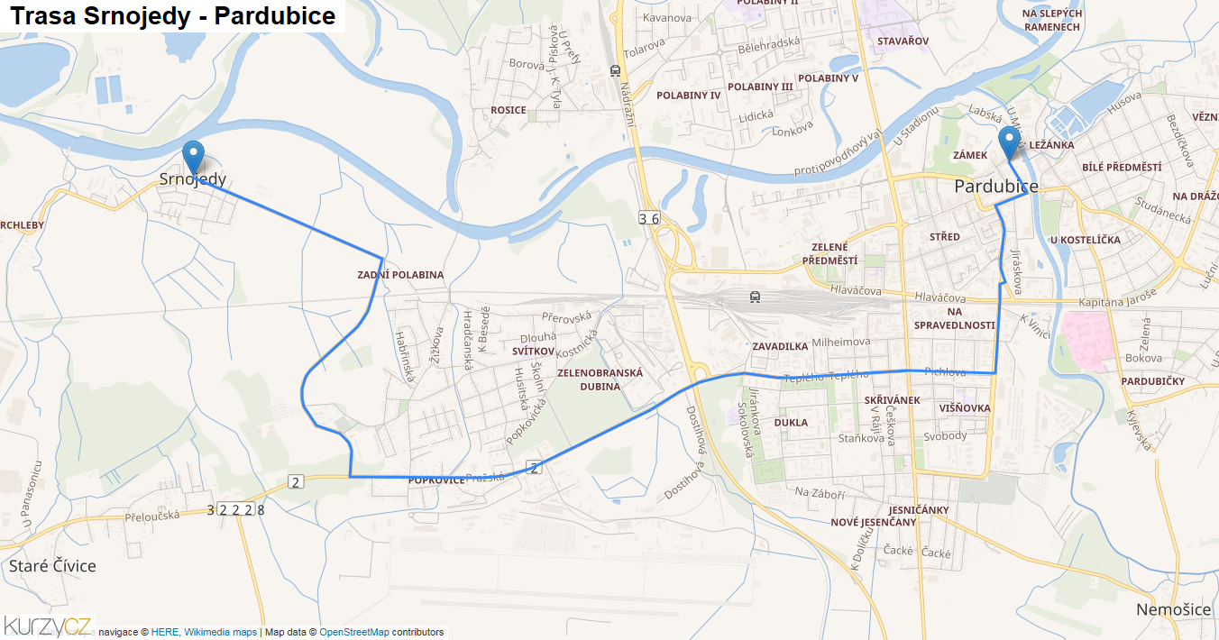 Srnojedy-Pardubice, mapa trasy