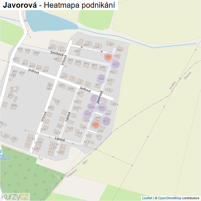 Mapa Javorová - Firmy v ulici.