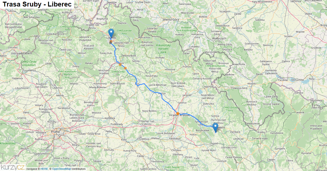 Sruby-Liberec, mapa trasy