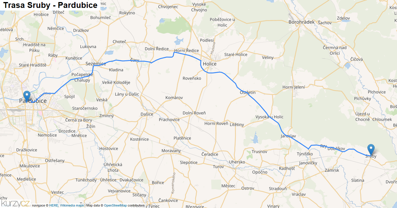 Sruby-Pardubice, mapa trasy