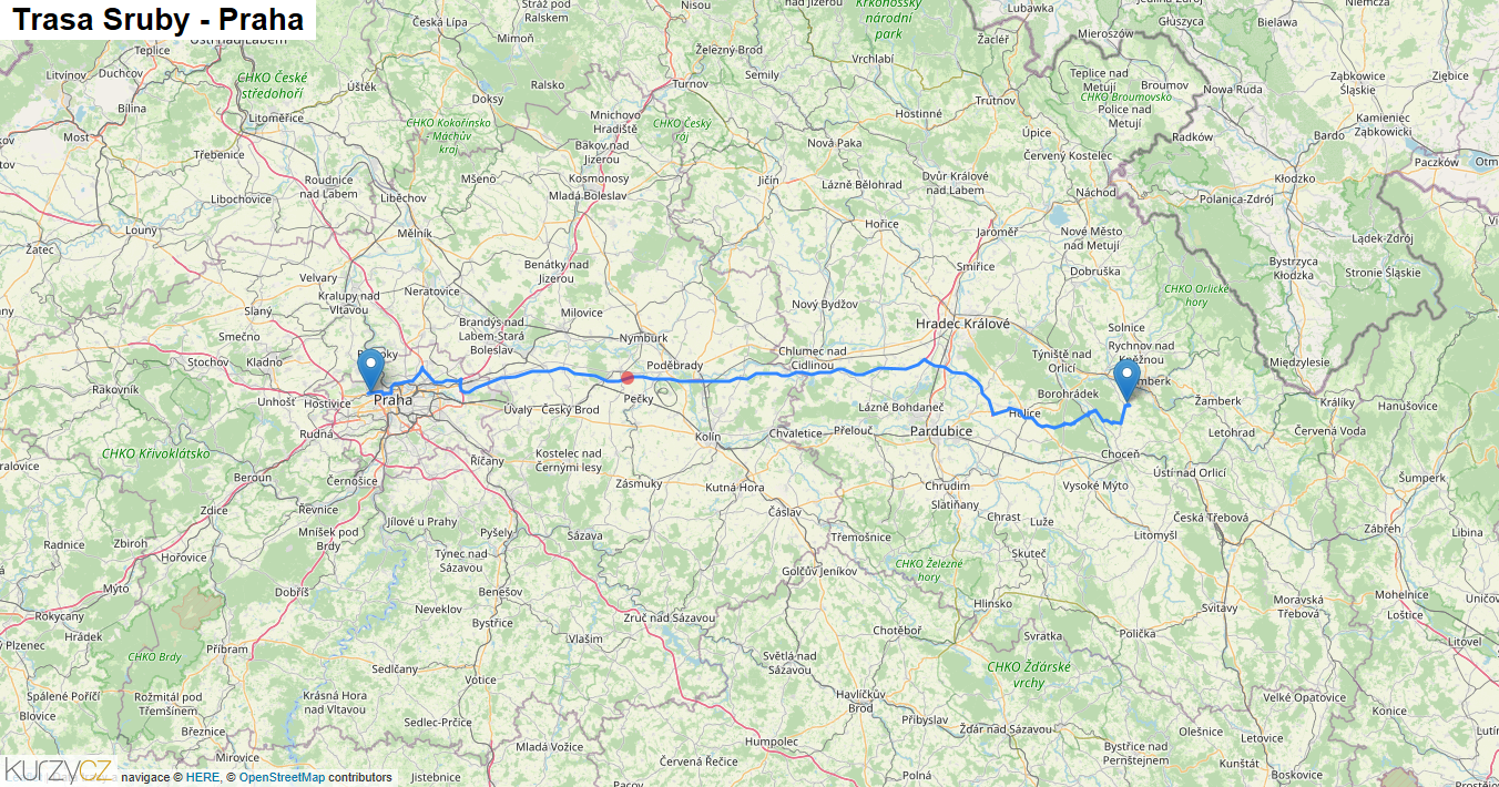 Sruby-Praha, mapa trasy