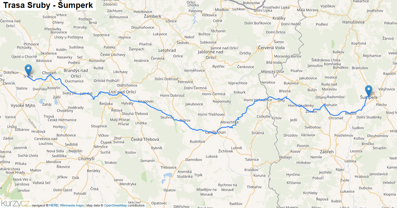 Sruby-Šumperk, mapa trasy