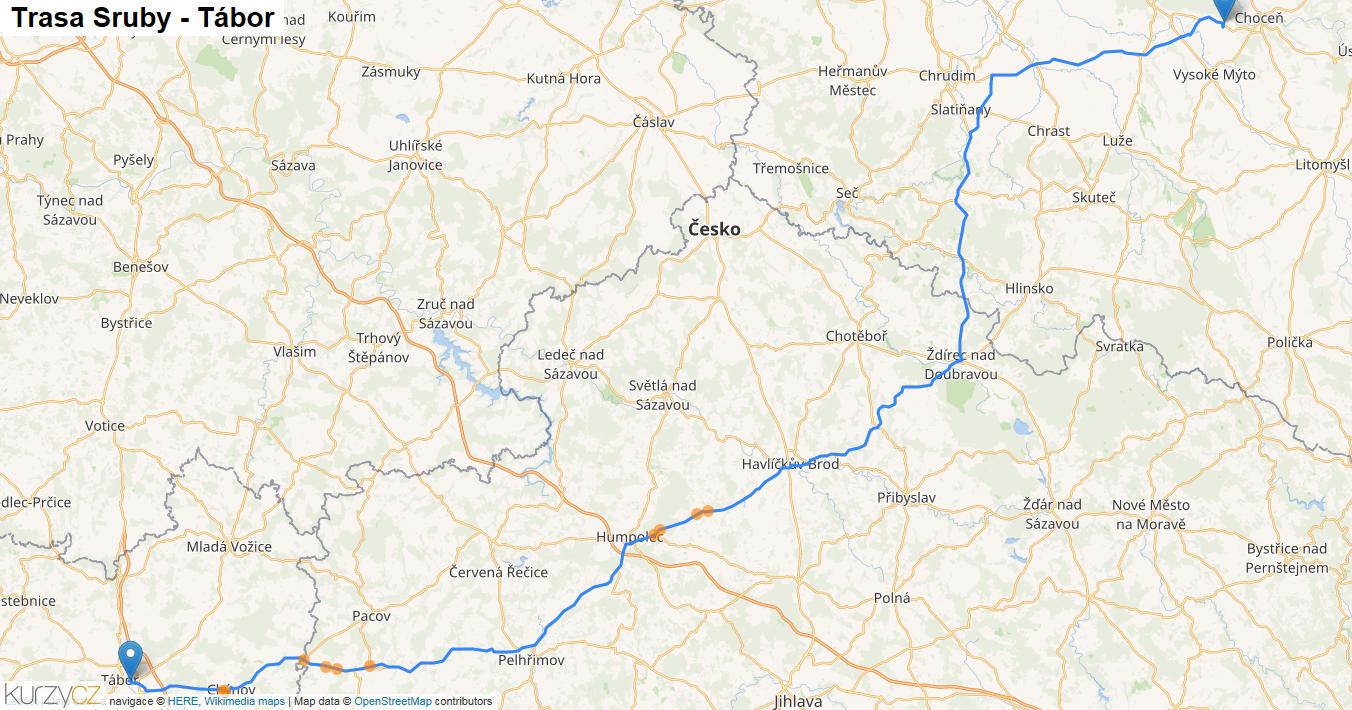 Sruby-Tábor, mapa trasy