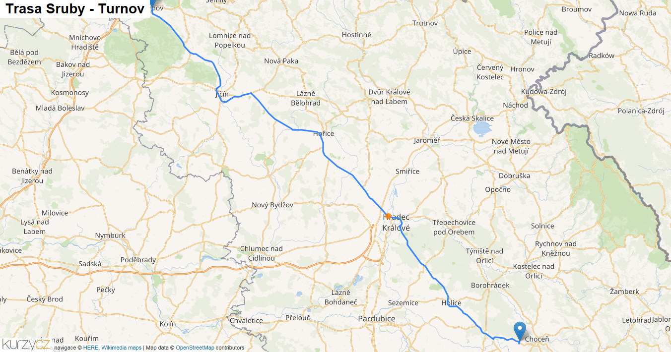 Sruby-Turnov, mapa trasy