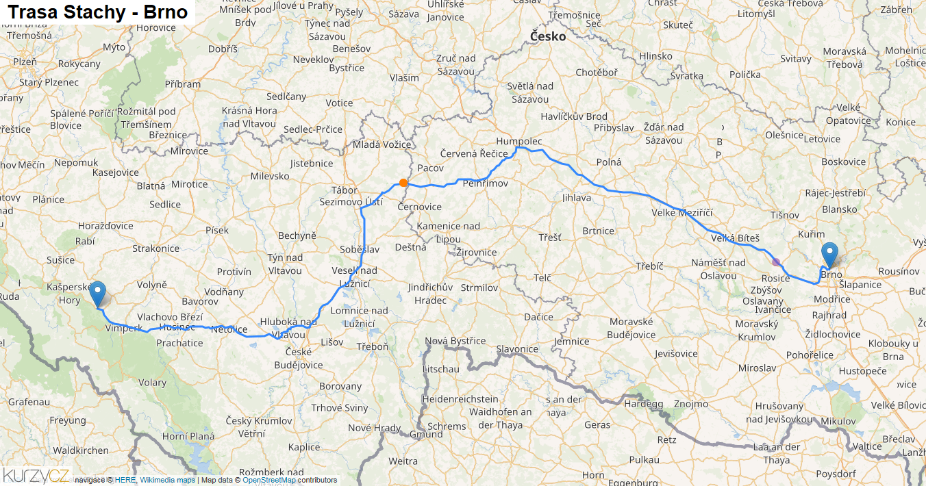 Stachy-Brno, mapa trasy