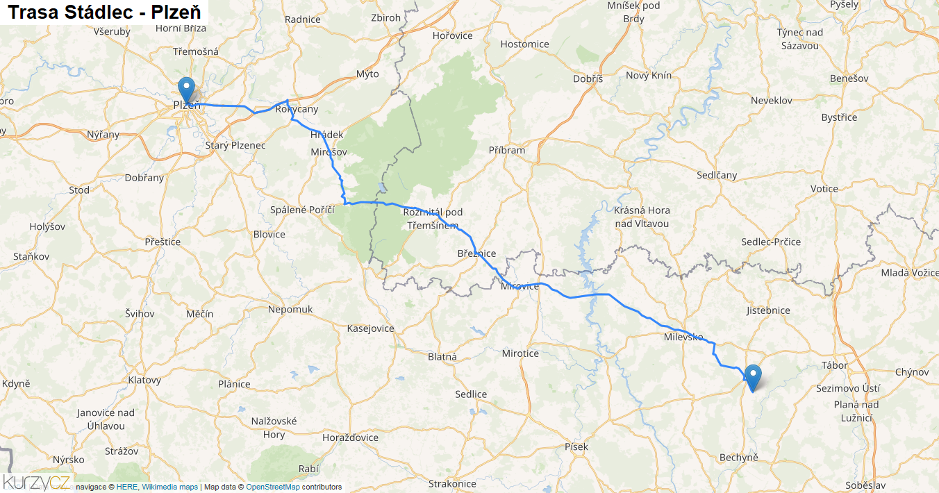 Stádlec-Plzeň, mapa trasy