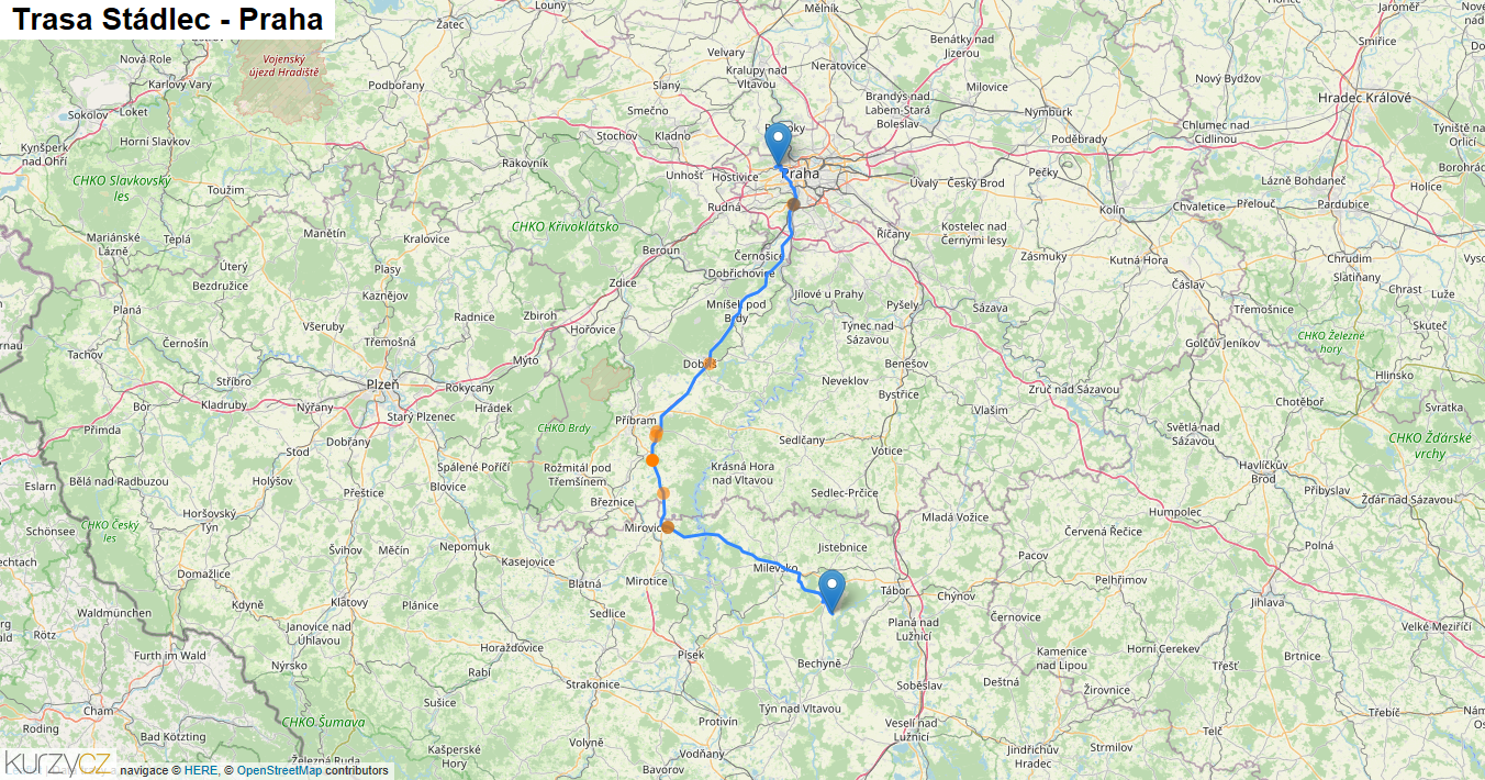 Stádlec-Praha, mapa trasy