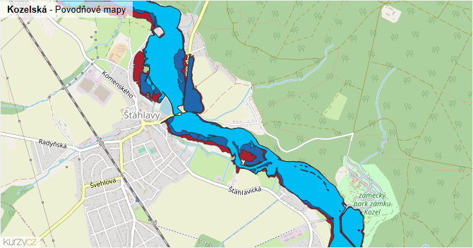 Kozelská - záplavové mapy stoleté vody