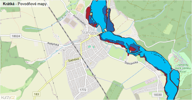 Krátká - záplavové mapy stoleté vody