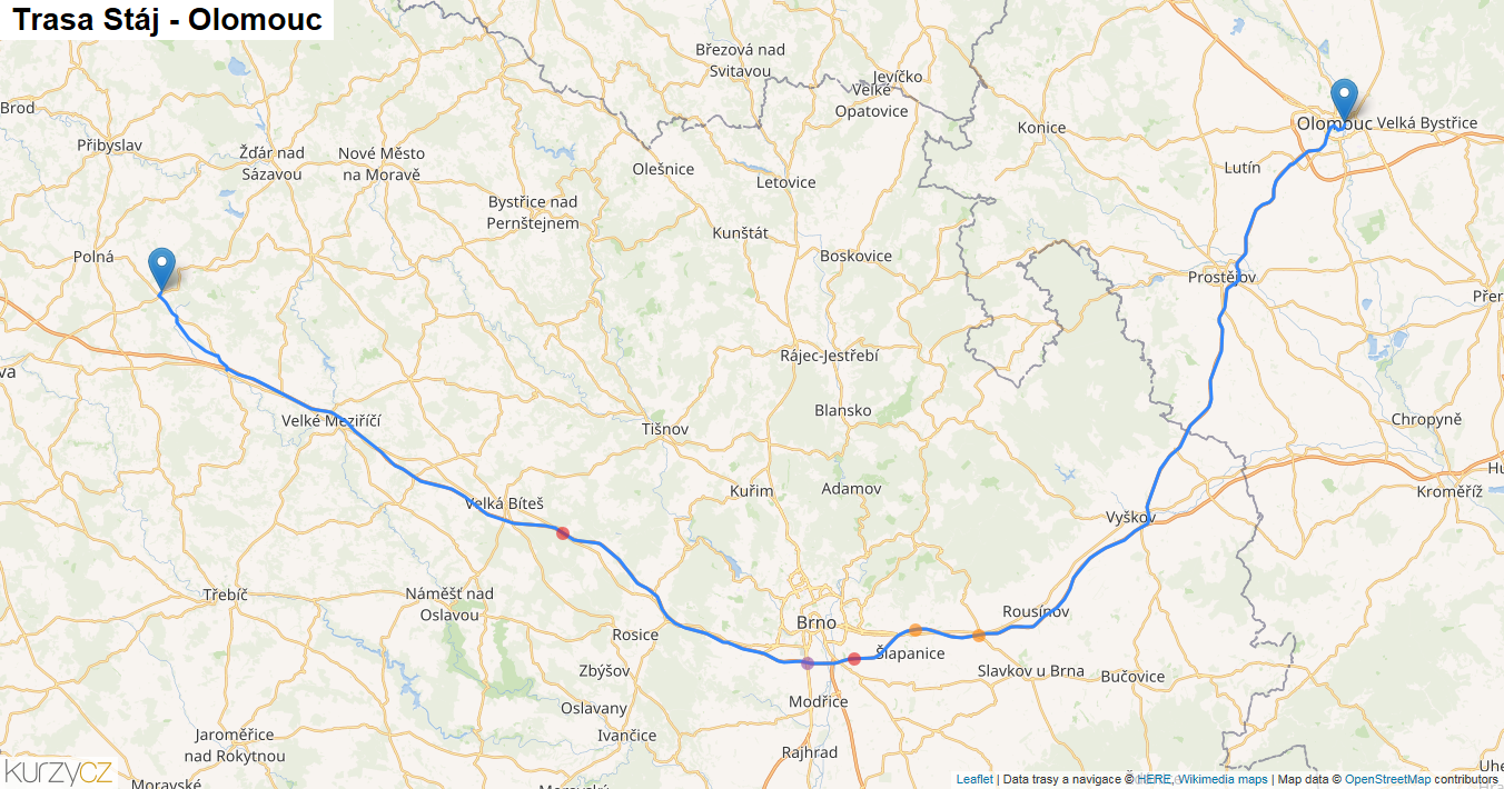 Stáj-Olomouc, mapa trasy