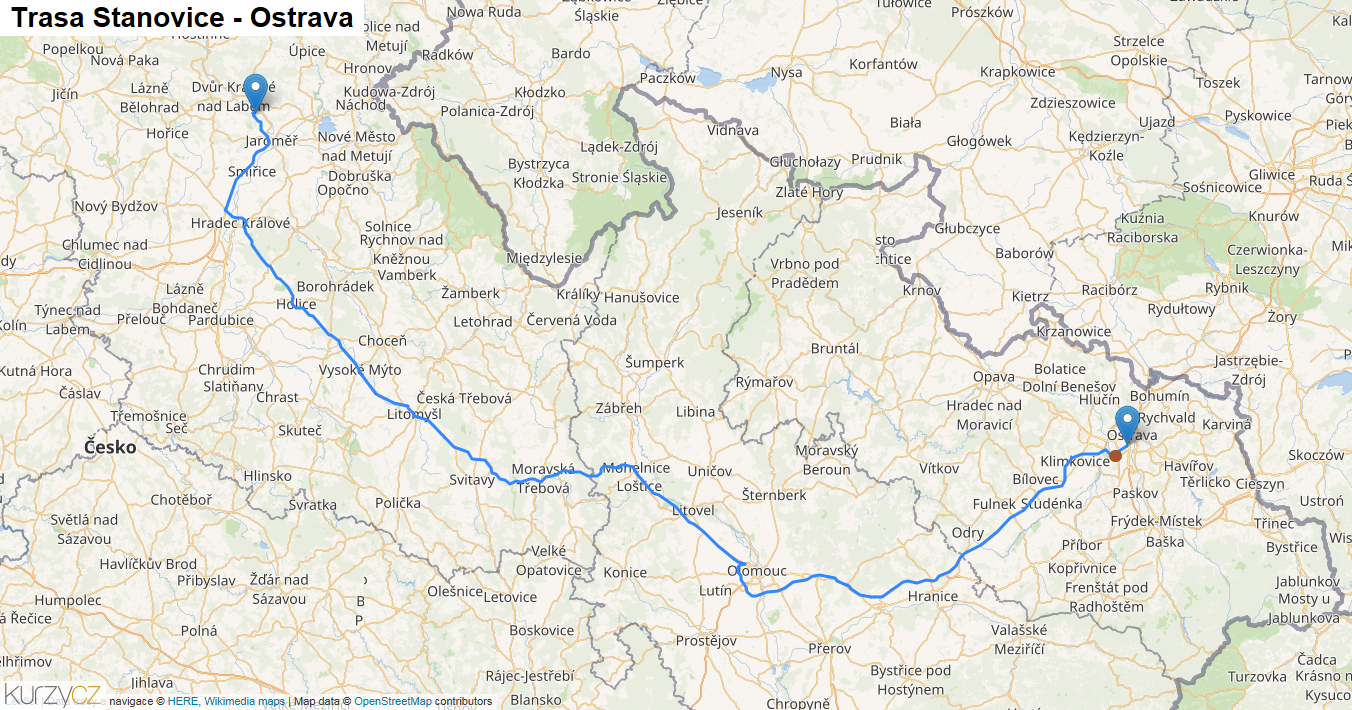 Stanovice-Ostrava, mapa trasy