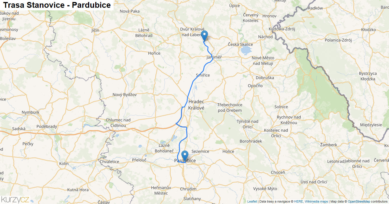 Stanovice-Pardubice, mapa trasy