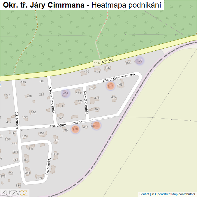 Mapa Okr. tř. Járy Cimrmana - Firmy v ulici.