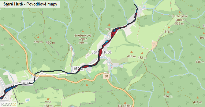Staré Hutě - záplavové mapy stoleté vody