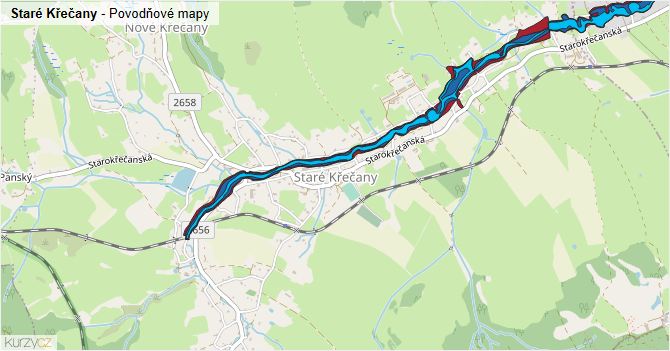 Staré Křečany - záplavové mapy stoleté vody