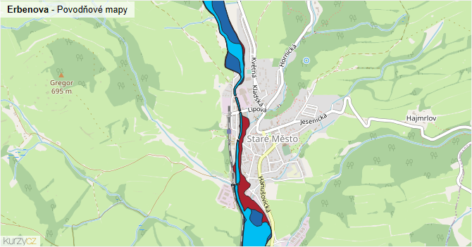 Erbenova - záplavové mapy stoleté vody