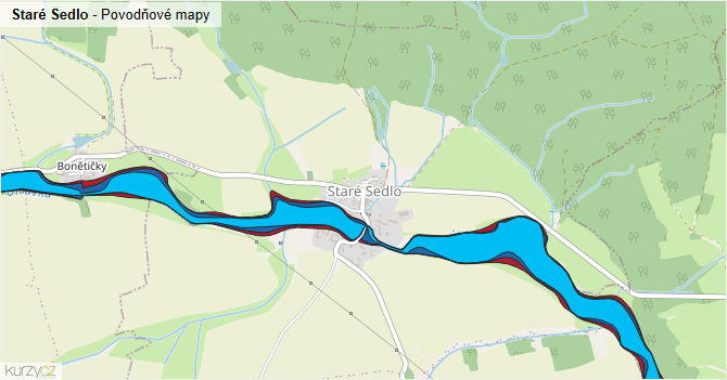 Staré Sedlo - záplavové mapy stoleté vody