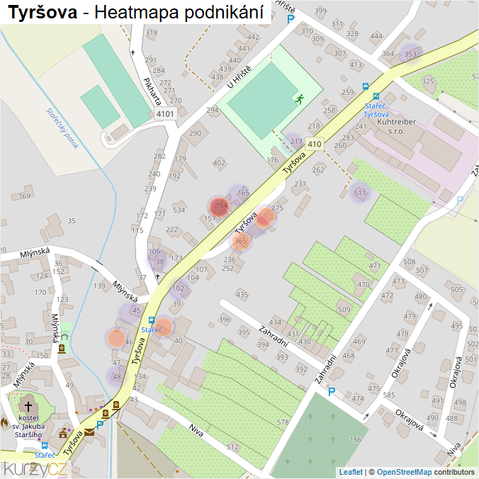 Mapa Tyršova - Firmy v ulici.