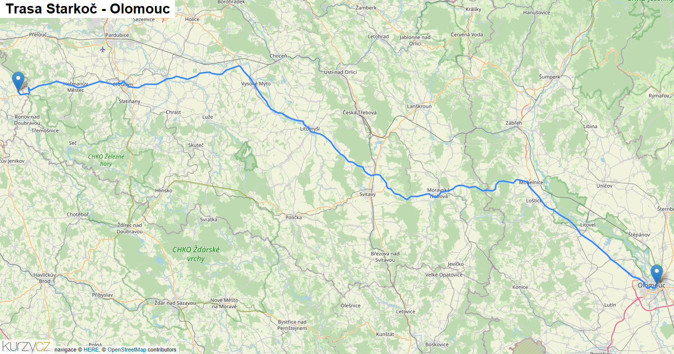 Starkoč-Olomouc, mapa trasy