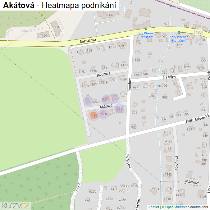 Mapa Akátová - Firmy v ulici.