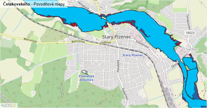 Čelakovského - záplavové mapy stoleté vody