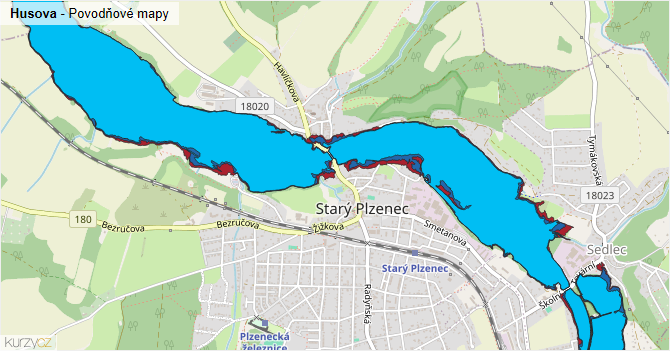Husova - záplavové mapy stoleté vody