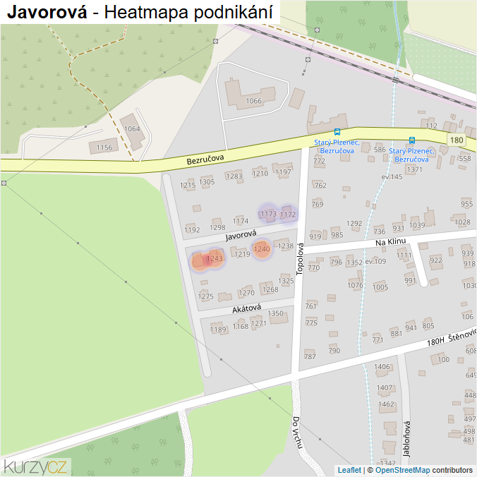 Mapa Javorová - Firmy v ulici.