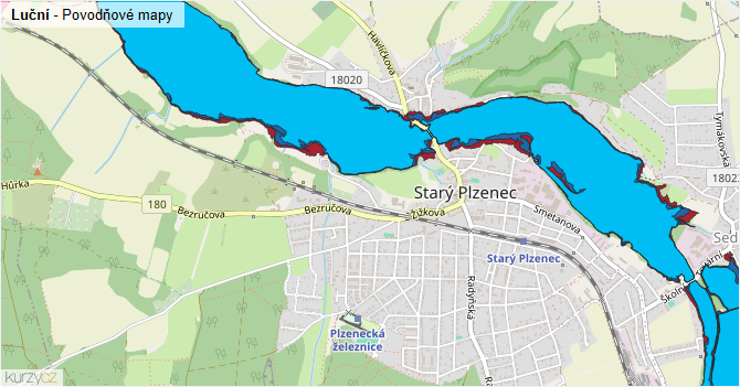 Luční - záplavové mapy stoleté vody