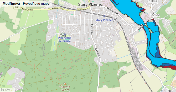 Modřínová - záplavové mapy stoleté vody